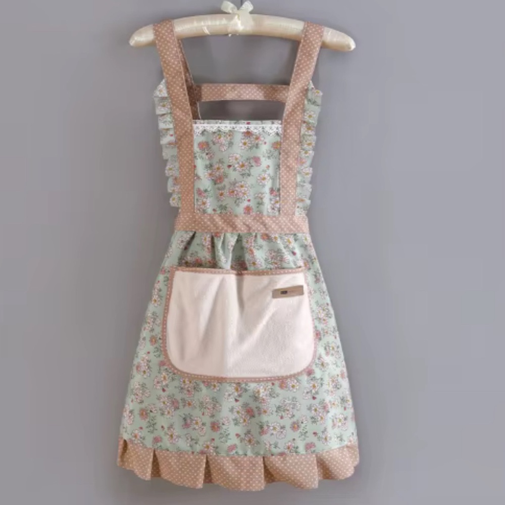 Floral Apron with Pocket - Cream and Brown